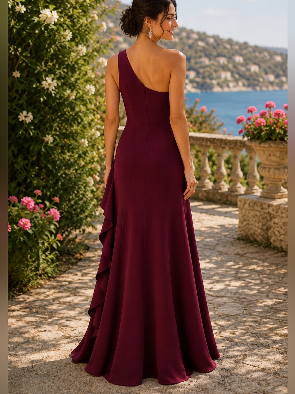 Ieena for Mac Duggal 49089 Berry One Shoulder Ruffle Gown Sz 6 MSRP $358 - Picture 2 of 5